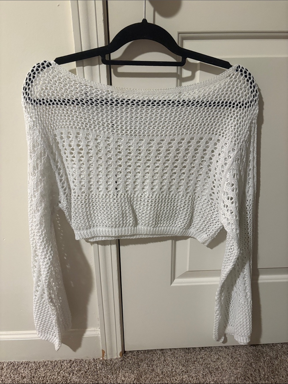 White Open-Knit Cropped Sweater